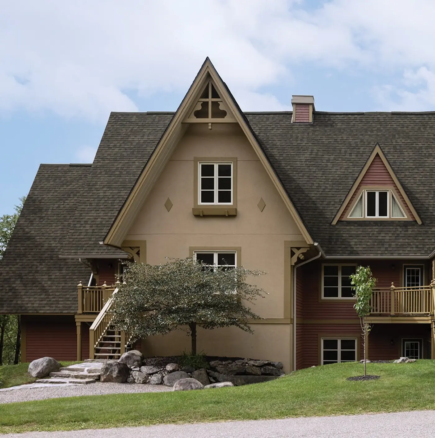 IKO Nordic Class 4 impact-resistant shingles in Driftshake on a home — IKO product photography