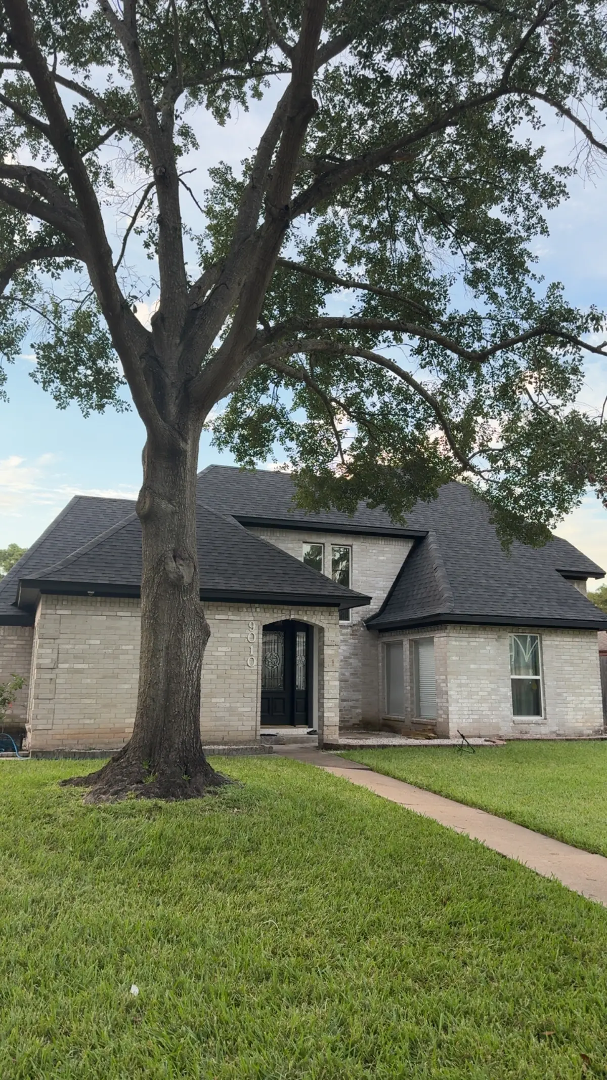 Completed roof replacement on a two-story home beneath a mature oak tree